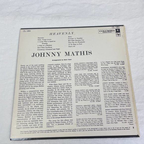 Vintage 1959 Johnny Mathis Heavenly Glen Osser Music LP Vinyl Record - Picture 3 of 3